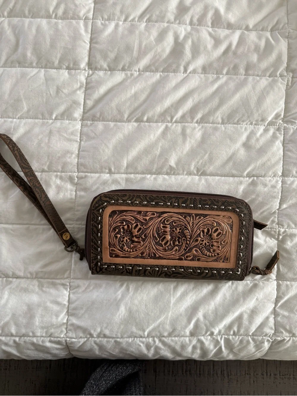 Women’s Tooled Leather Wristlet Wallet - Brown/Tan